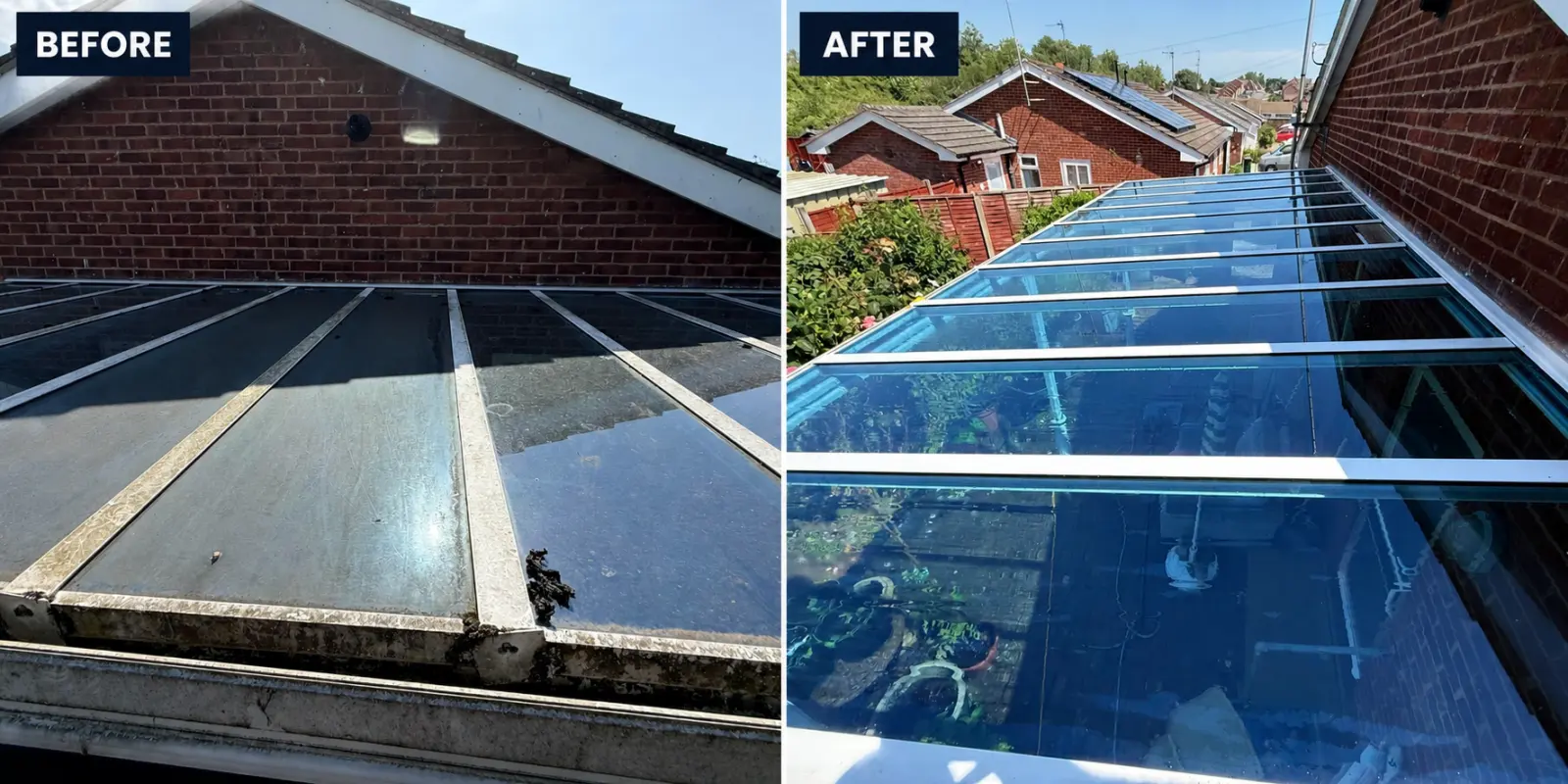 Before and after cleaning of a glass conservatory roof