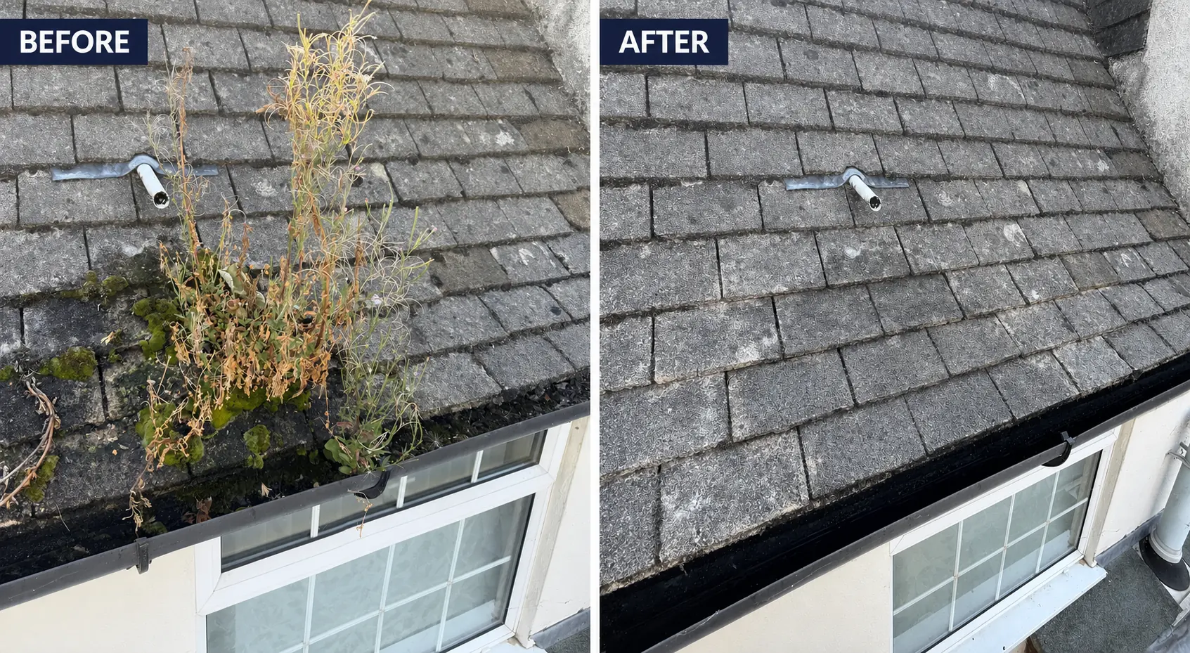 Before and after removal of heavy plant growth and debris from a roof channel