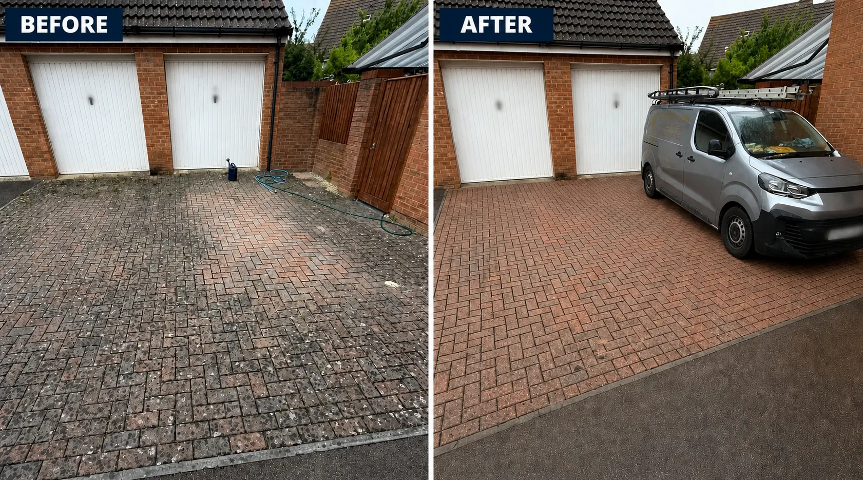 Before and after pressure washing of a block-paved driveway